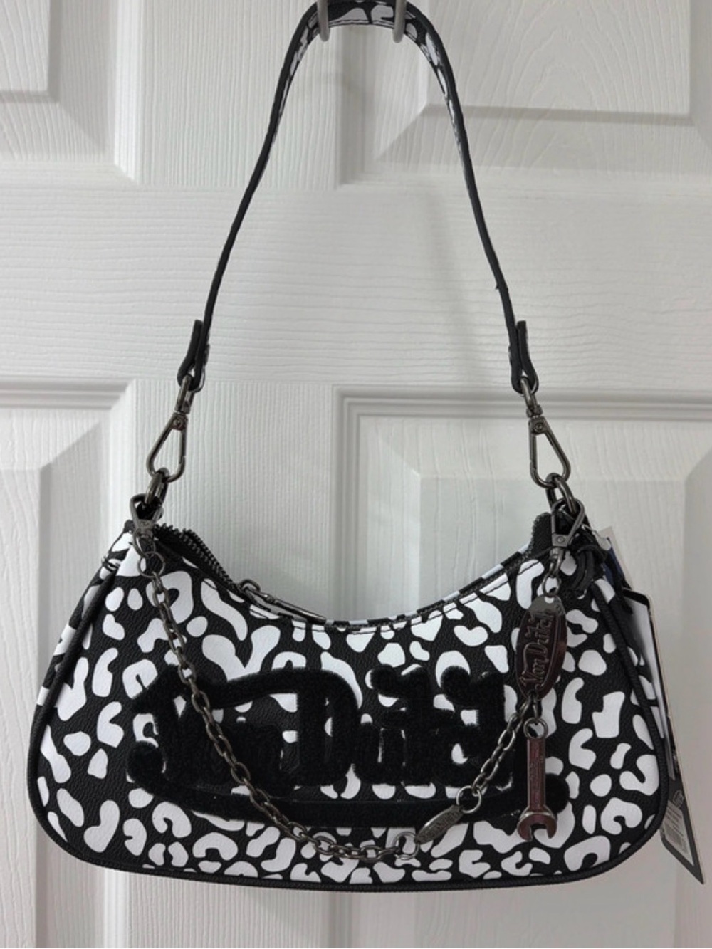 Von Dutch Black and White Leopard-Print Shoulder Bag